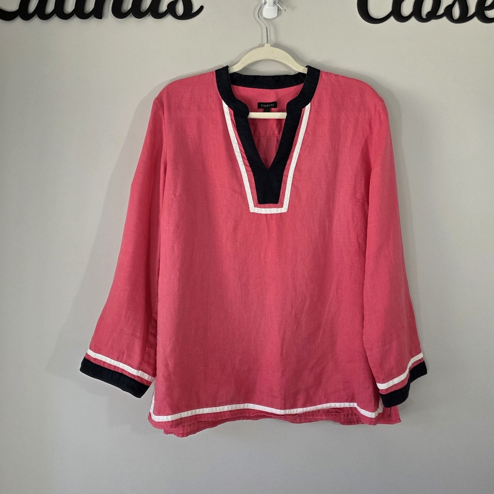 Talbots 100% Linen Long Sleeve Tunic Top Blouse Shirt Pink Navy Women's Large - Picture 2 of 9